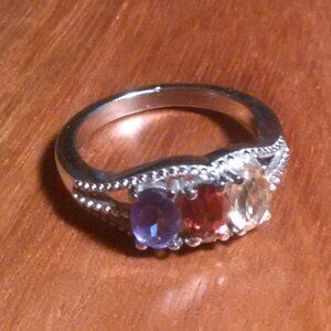 Multi-Gemstone Three Stone Stainless Steel Ring (Size 6)